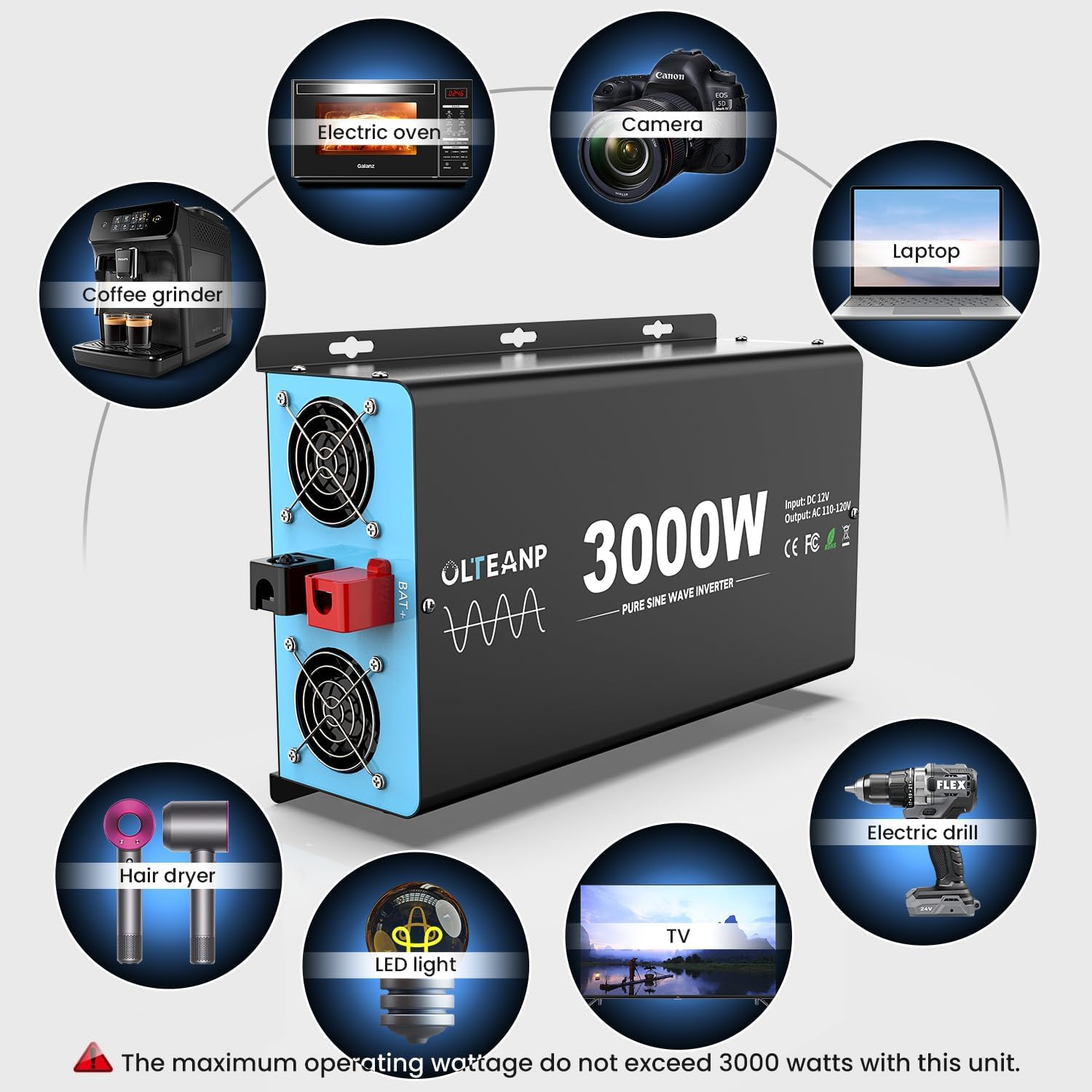 Thumbnail 6 de 3000W Pure Sine Wave Inverter: 12V DC to 110V AC with LCD Remote