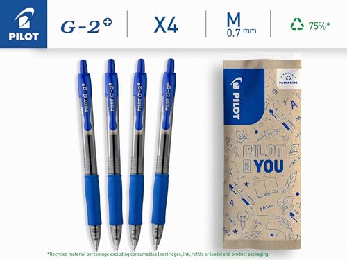 Detalle 2 de PILOT G2 Plus – Caja 4 bolígrafos roller gel retráctiles azul, punta media 0,7 mm
