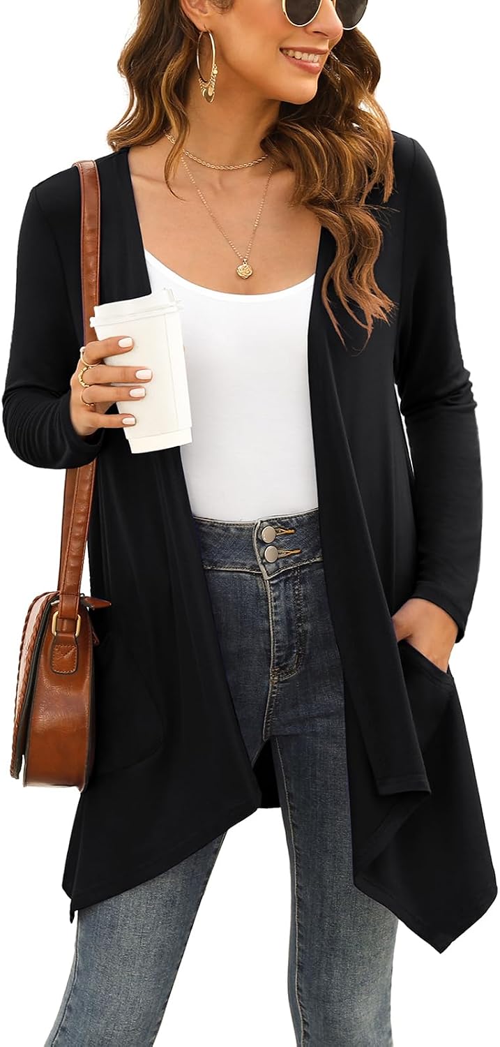 Detalle de Veryoung Black Lightweight Cardigan for Women with Pockets and High-Low Hem
