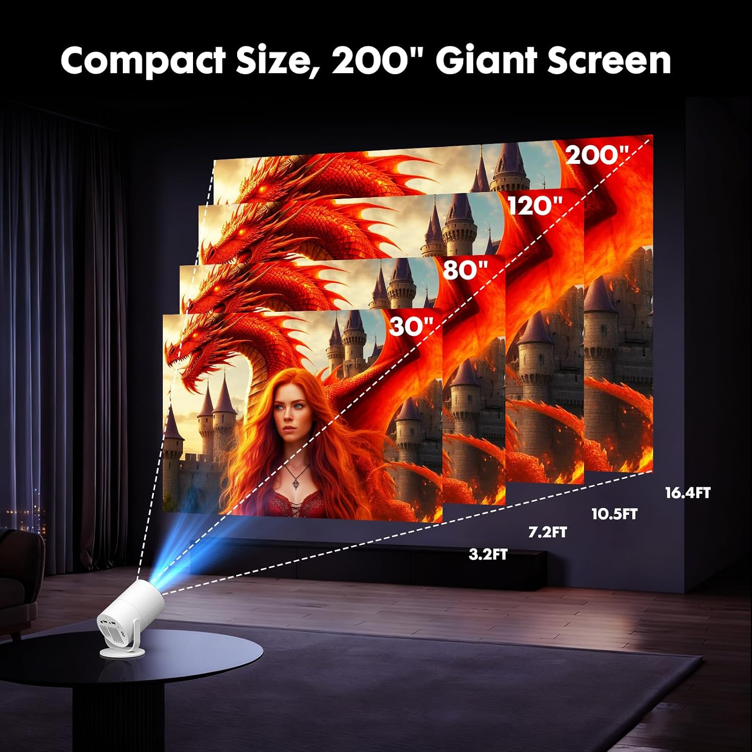 Detalle 2 de Tecaki Mini Projector with Android 14, WiFi 6 & Bluetooth 5.2 (180° rotatable, 1080P, auto keystone)