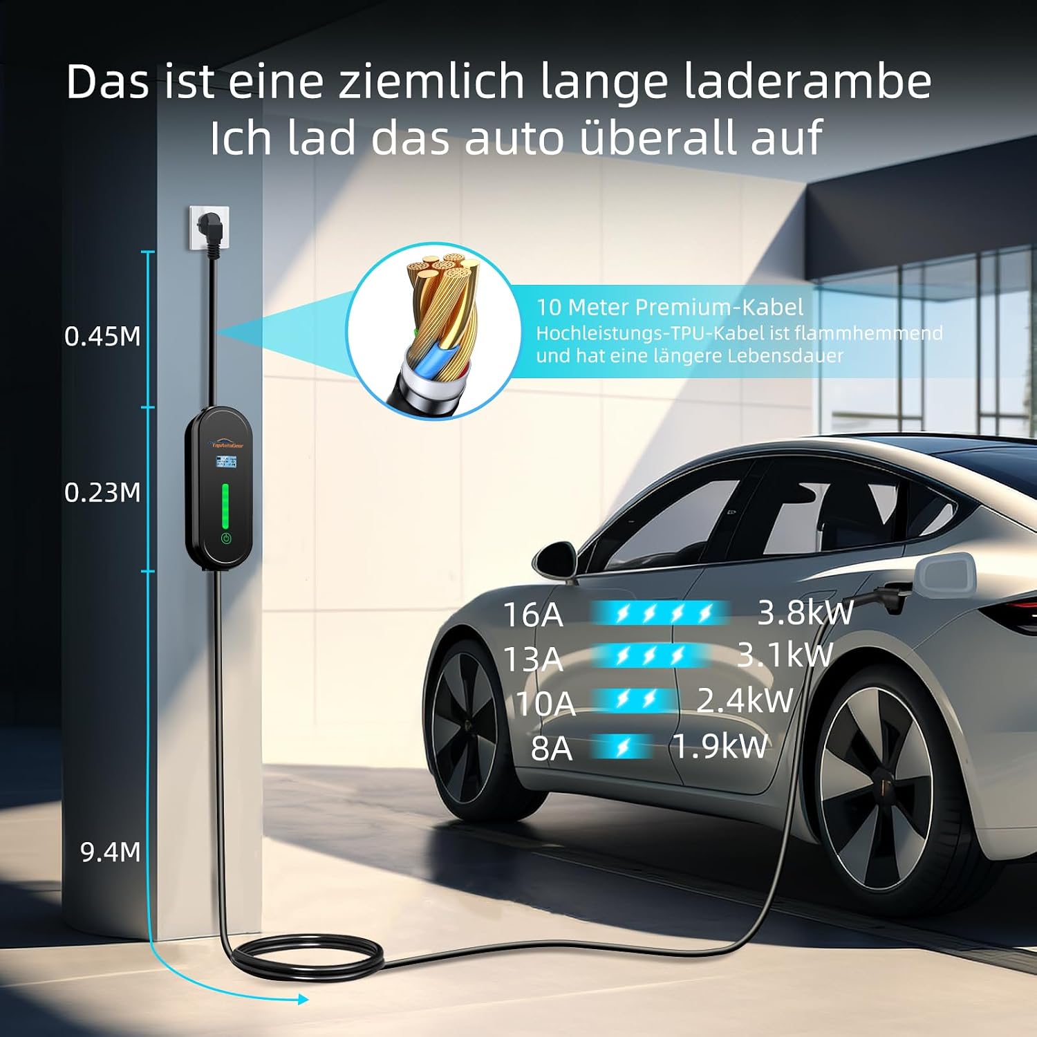 Detalle de TopAutoGear E Ladekabel Typ 2 Schuko 220 V, 10 m – sicher, flexibel und wetterfest