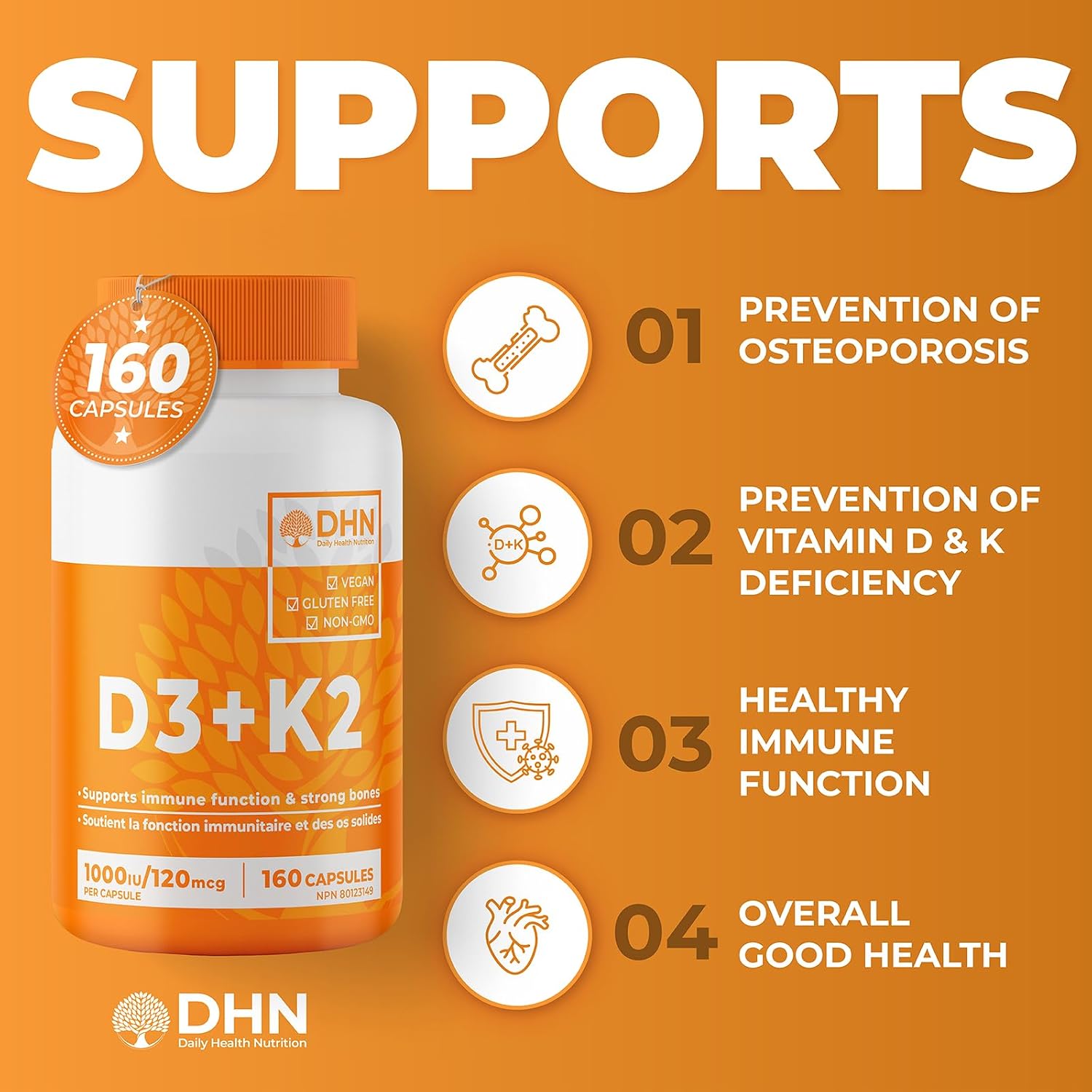 Detalle de DH Nutrition Vegan Vitamin D3 + K2 (MK-7) Capsules, Canadian-Made 2-Pack