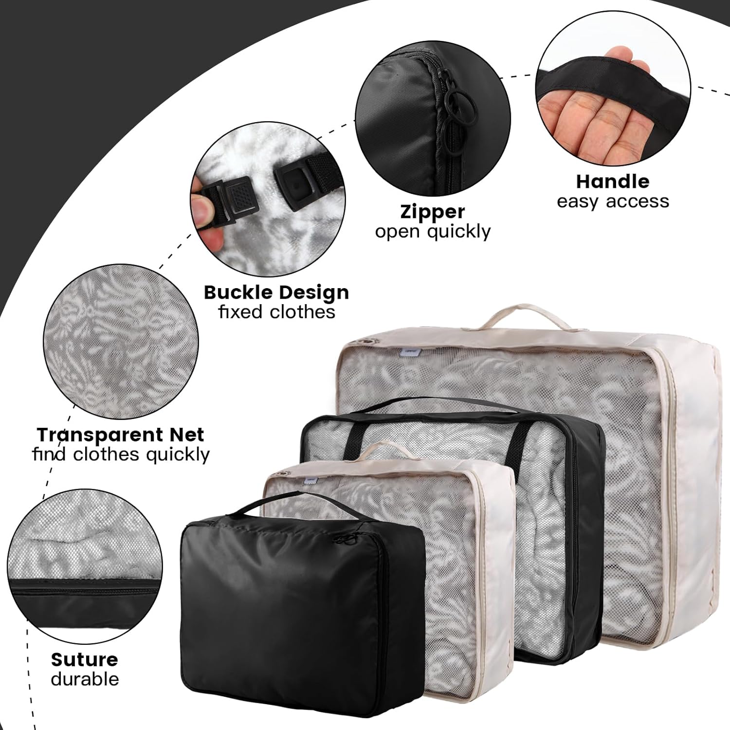 Detalle de 14-teilige Zweifarbige Koffer Organizer – Ordnung im Gepäck mit 14 Teilen in Schwarz & Beige