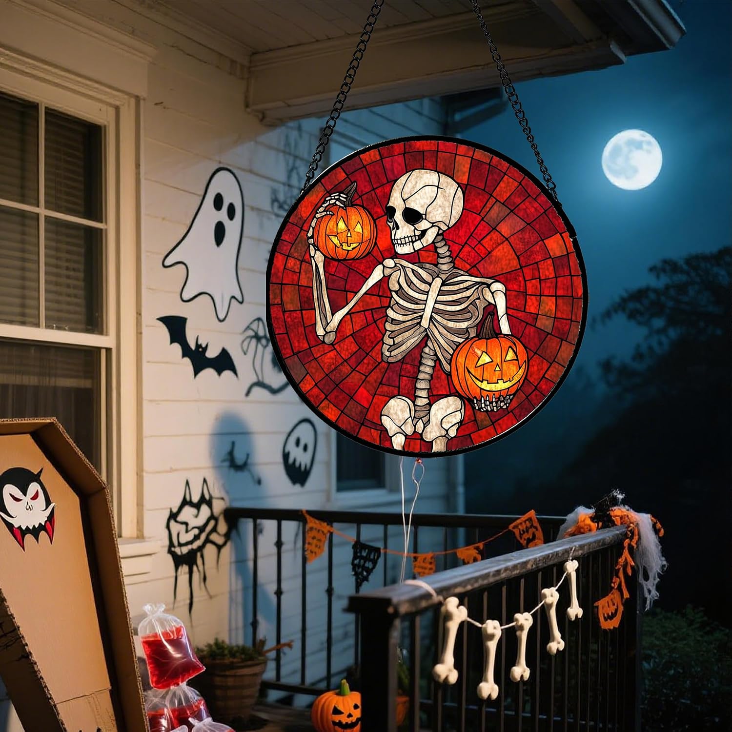 Detalle 2 de CRISGIF Skeleton and Pumpkins Stained Glass Suncatcher, 6.3-Inch