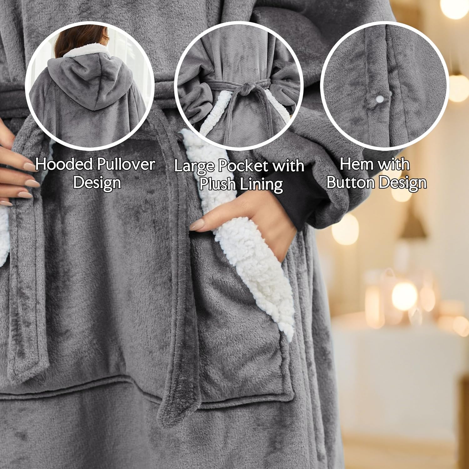 Detalle de Wearable Hoodie Blanket Soft Sherpa Fleece with Big Pocket and Adjustable Belt