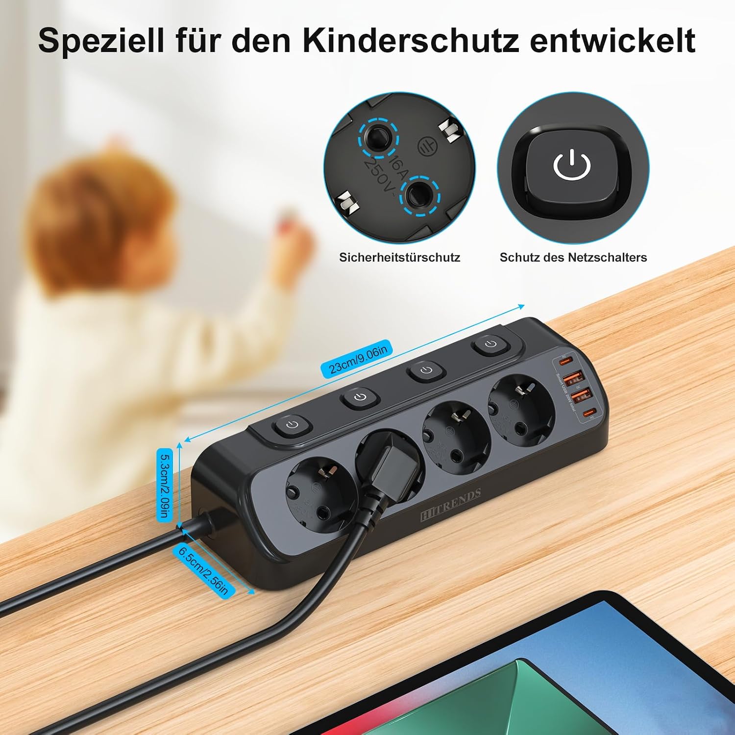 Detalle 2 de HITRENDS Black bordsuttag med USB-C PD 20 W och fyra strömbrytare