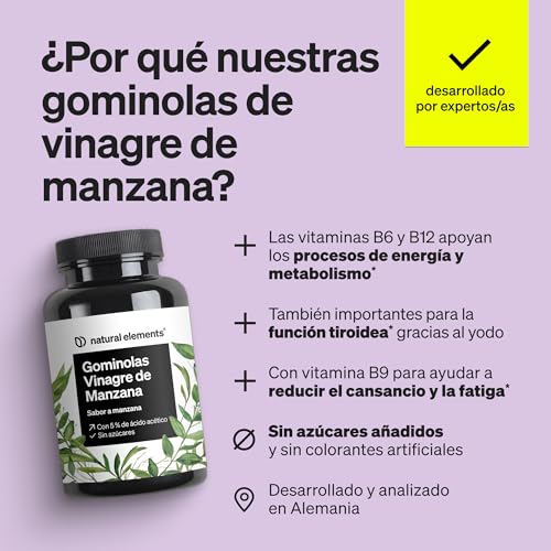 Detalle de Gominolas de vinagre de manzana 120 Gummies con B6, B12, ácido fólico y yodo – Natural Elements