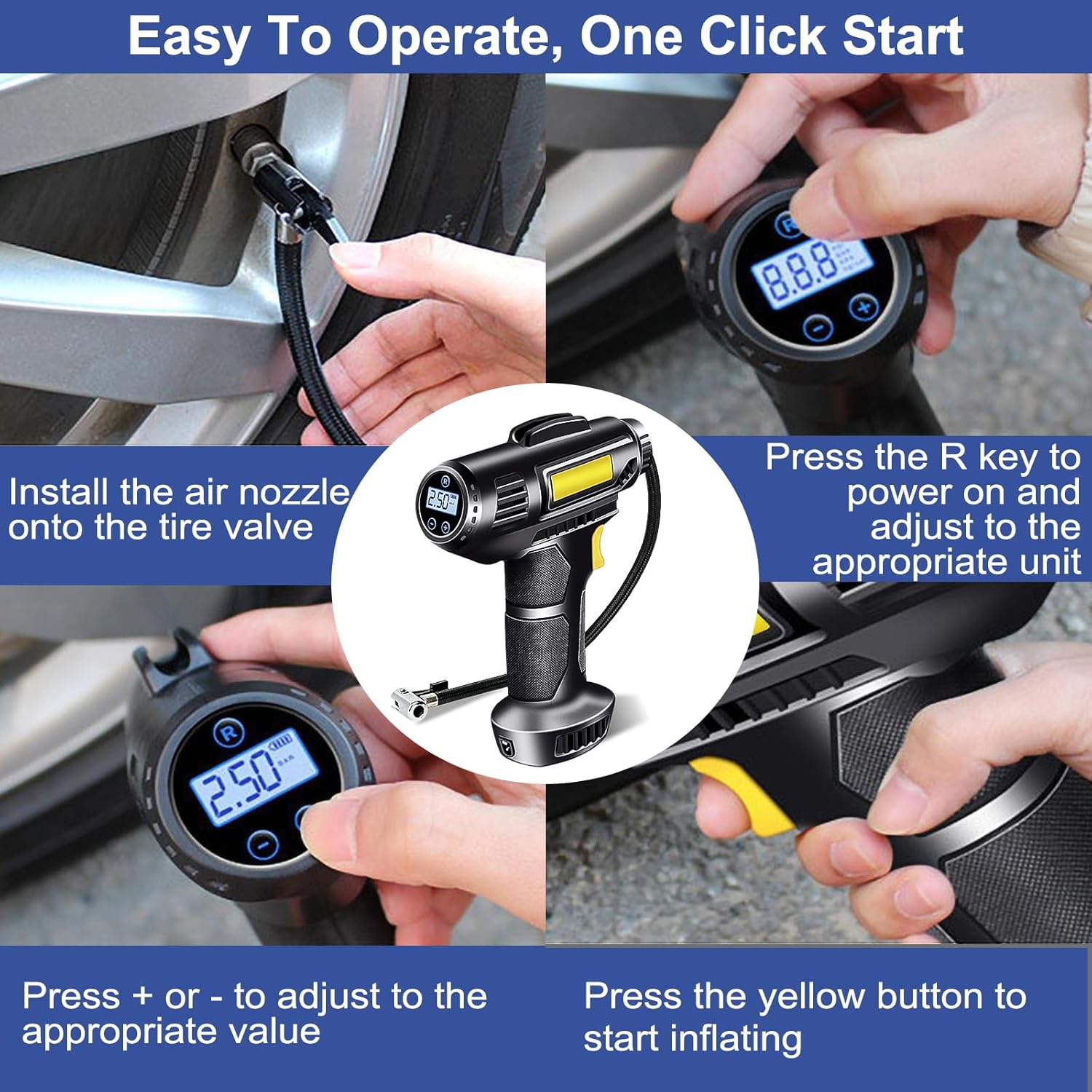 Detalle 2 de ProChosen Cordless Tyre Inflator Air Compressor (12V, 7000mAh) – Portable 150 PSI with LCD Display, LED Light and 3 Nozzles