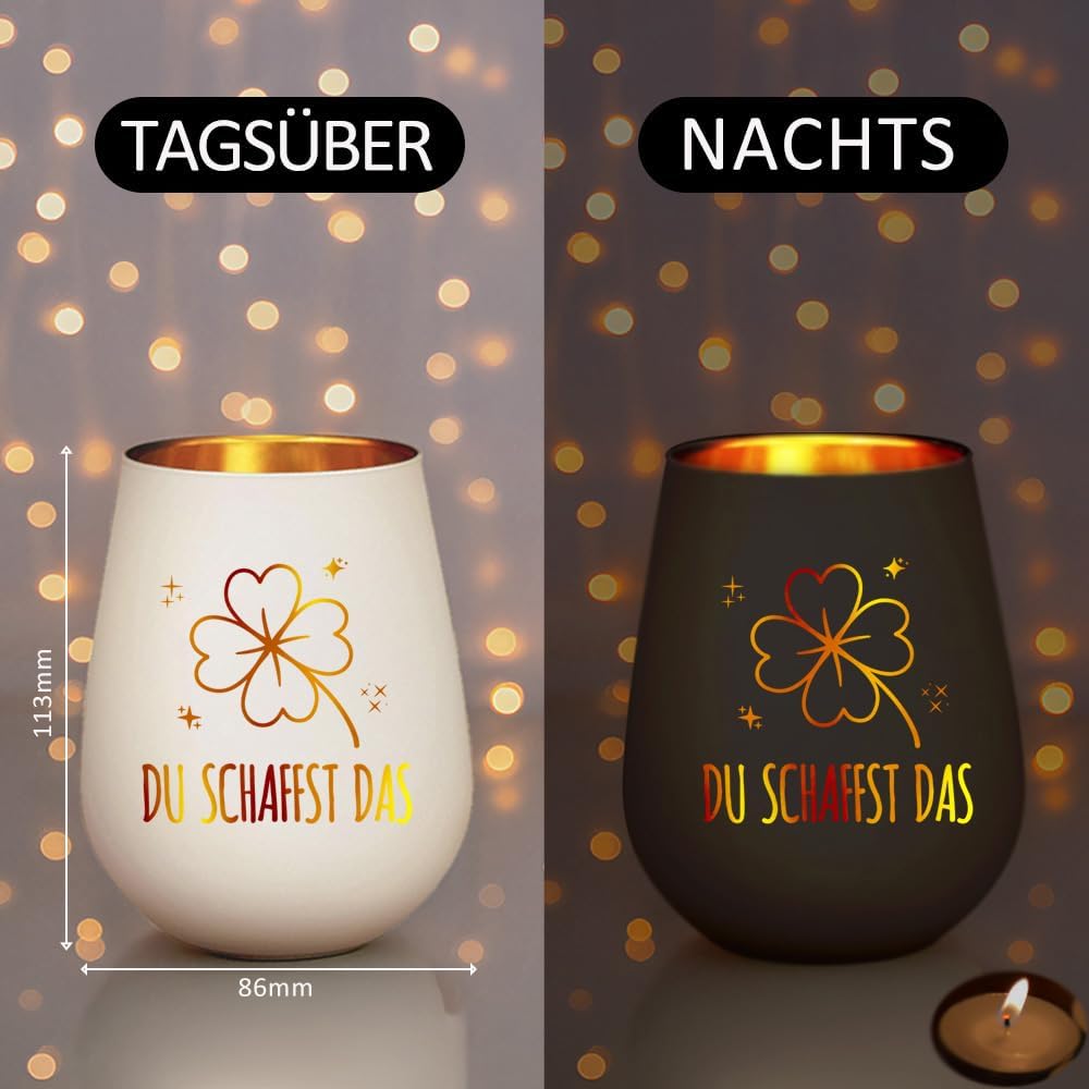 Detalle de Windlicht mit Kleeblatt Gravur & „Du schaffst das“ von LOZACHE – Mutmacher-Glas mit Glückssymbol