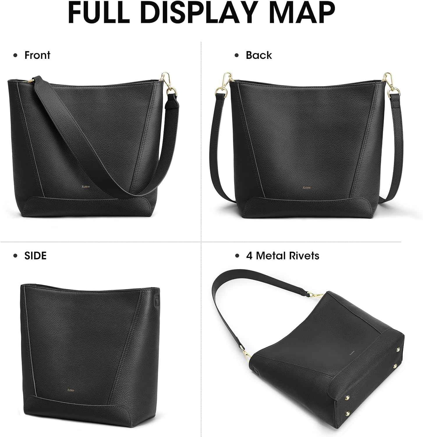 Detalle de Kattee Top Grain Leather Bucket Bag with Adjustable Crossbody Strap (Medium Hobo Shoulder Purse)