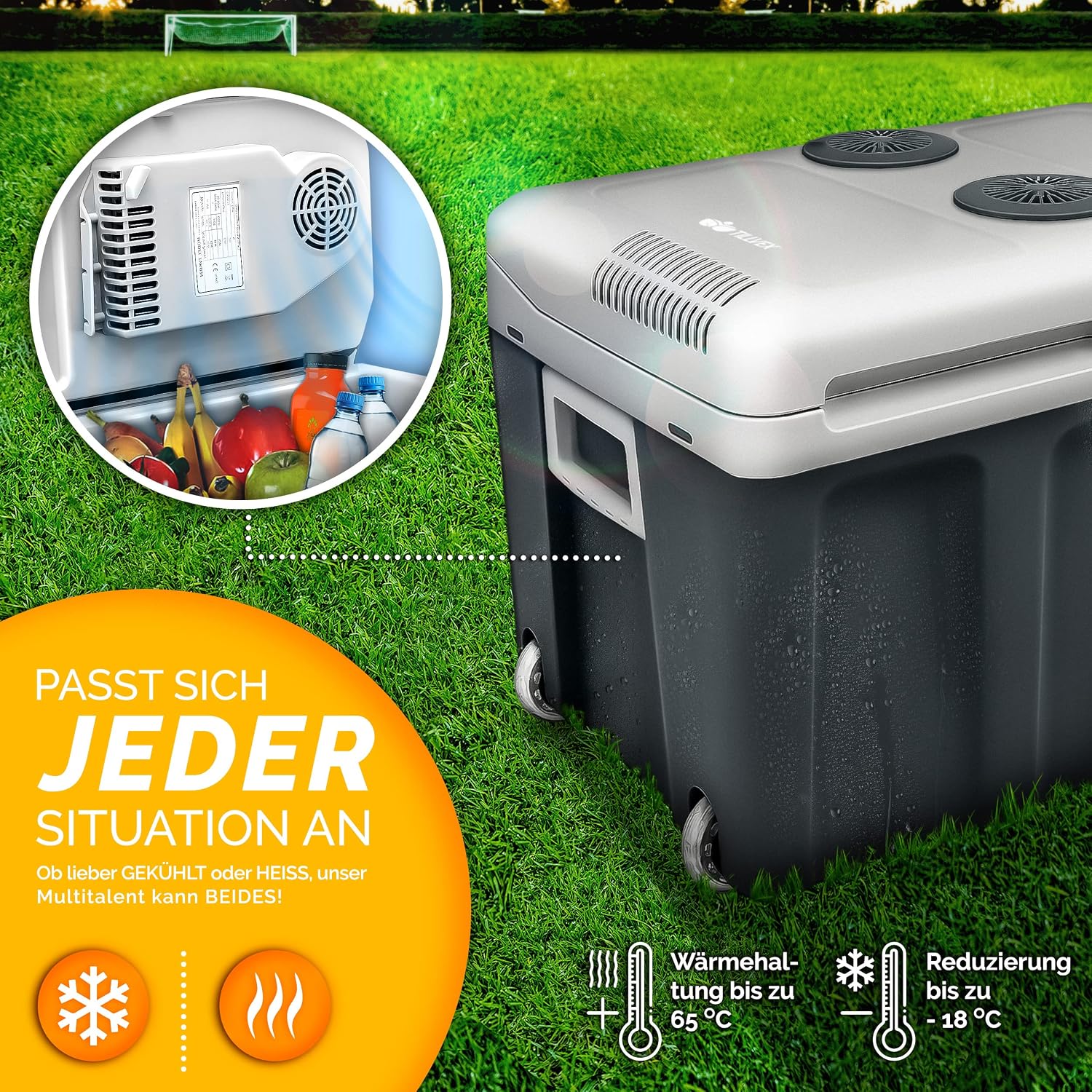 Detalle de tillvex Kühlbox elektrisch 40L mit Rollen – Mini-Kühlschrank für Auto, Camping und Urlaub
