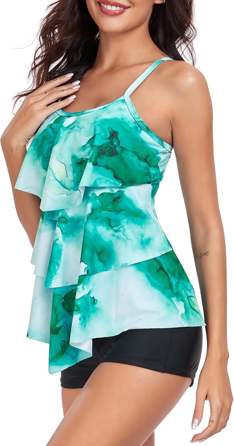 Thumbnail 1 de FLYILY Maillot de Bain 2 Pièces Femme Tankini à Volants Imprimé – Taille Grand (EU 36-46)