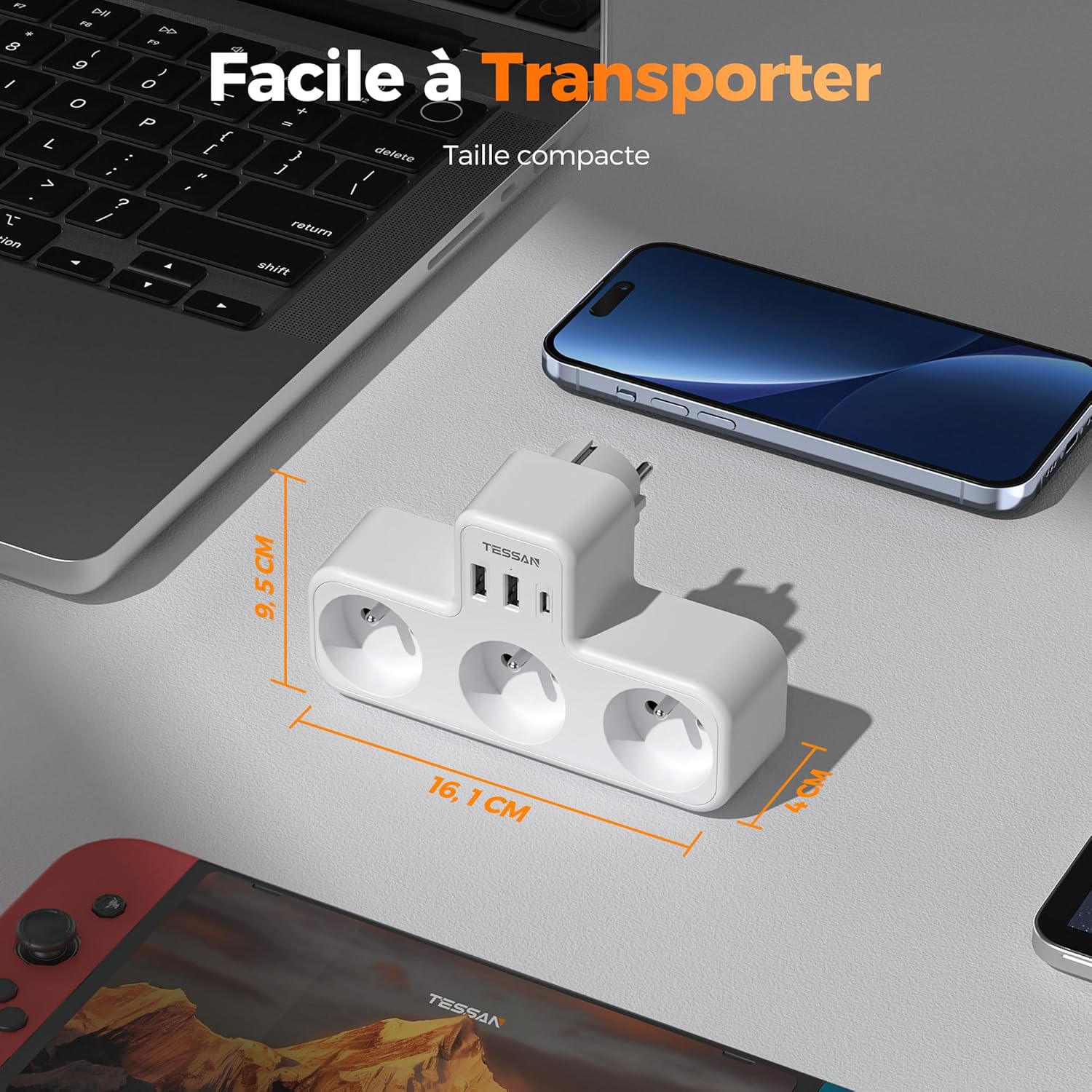 Detalle de TESSAN 6 en 1 Multiprise Murale USB-C, 3 Prises AC et 3 Ports USB – 3600W, design en T