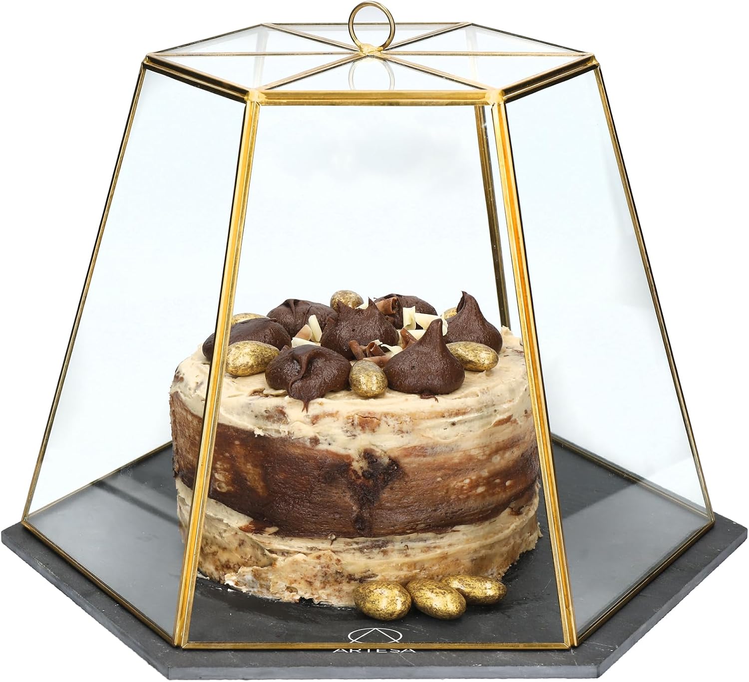Thumbnail 4 de Artesa Geometric Glass Cake Dome with Slate Serving Board, Brass-Effect Frame