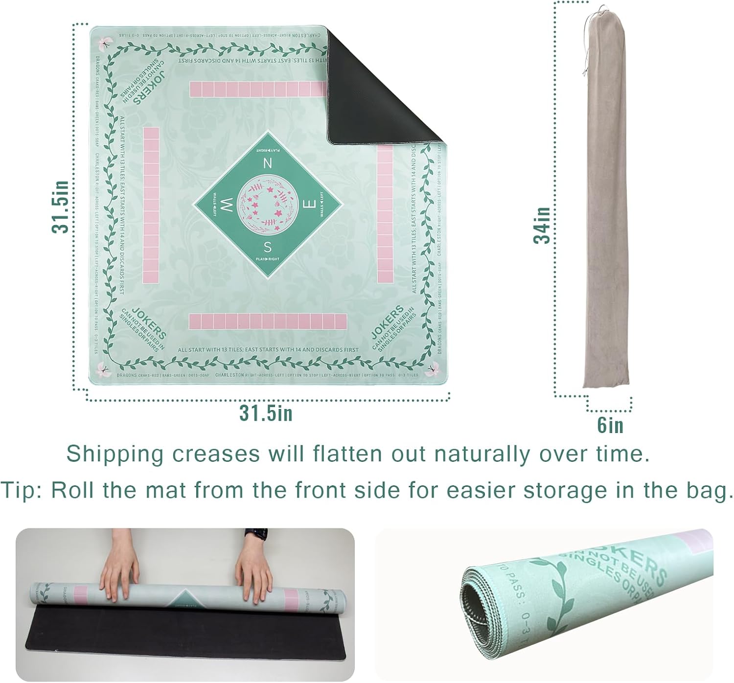 Thumbnail 4 de Mahjong Mat 31.5 x 31.5 Inches – Non-Slip, Noise-Reducing Waterproof Surface with Bag (Light Green)