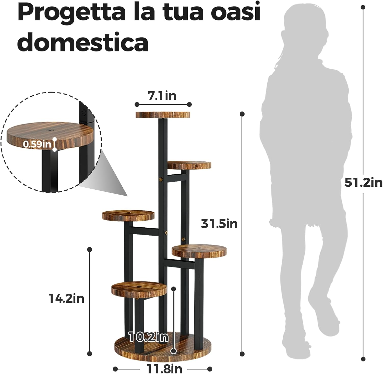Detalle de Bamworld Porta Piante da Interno in Metallo 5 Ripiani in Legno – Porta Vasi a Più Livelli per Interno/Esterno