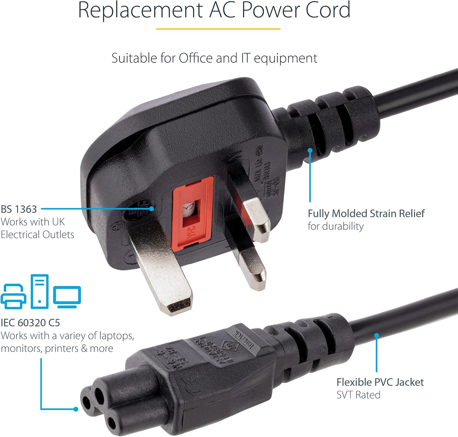 Thumbnail 2 de StarTech.com PXTNB3SUK1M 1m UK laptop power cord (BS 1363 to IEC 60320 C5), black