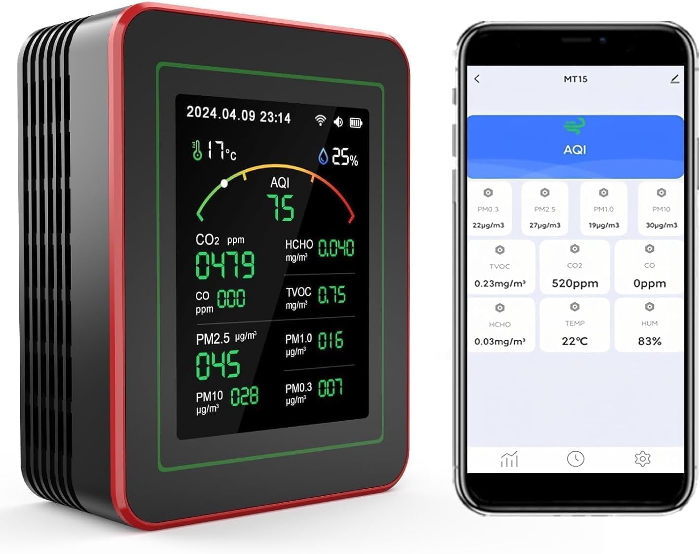 Detalle de Moniteur de Qualité de l’Air 15‑en‑1 avec Application Smartphone – Capteur CO₂, PM2.5/PM10, VOC et HCHO