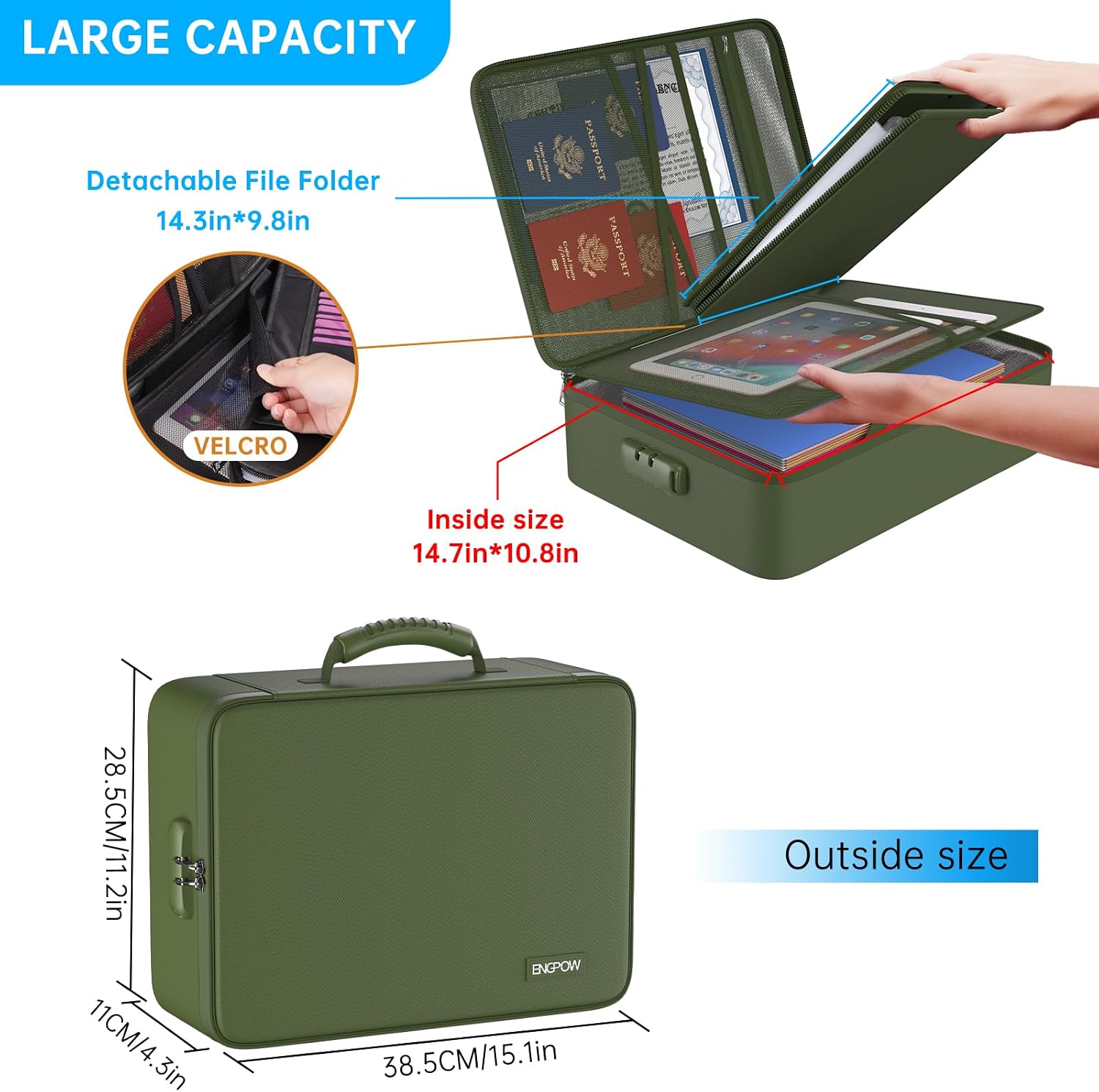 Detalle 2 de ENGPOW EG101 Fireproof Document Organizer Bag with Lock and 13-Pocket File Folder