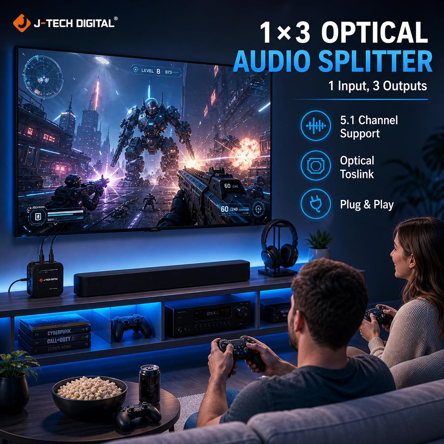 Detalle de J-Tech Digital Toslink Optical Splitter 1x3 (JTD-SP0103)
