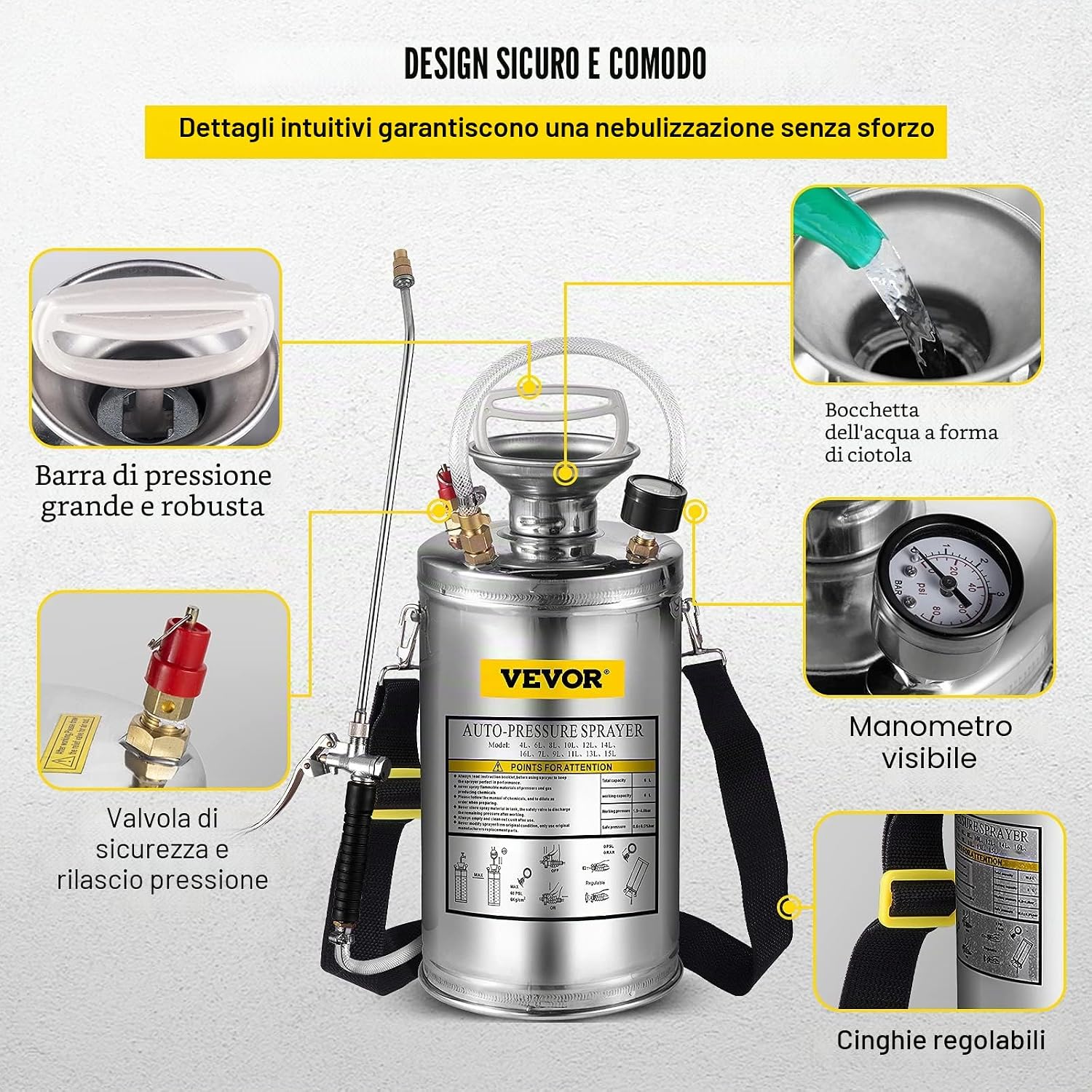 Thumbnail 4 de VEVOR Spruzzatore 6L in Acciaio Inossidabile: spruzzatore manuale a pompa, robusto e versatile per giardino e pulizia