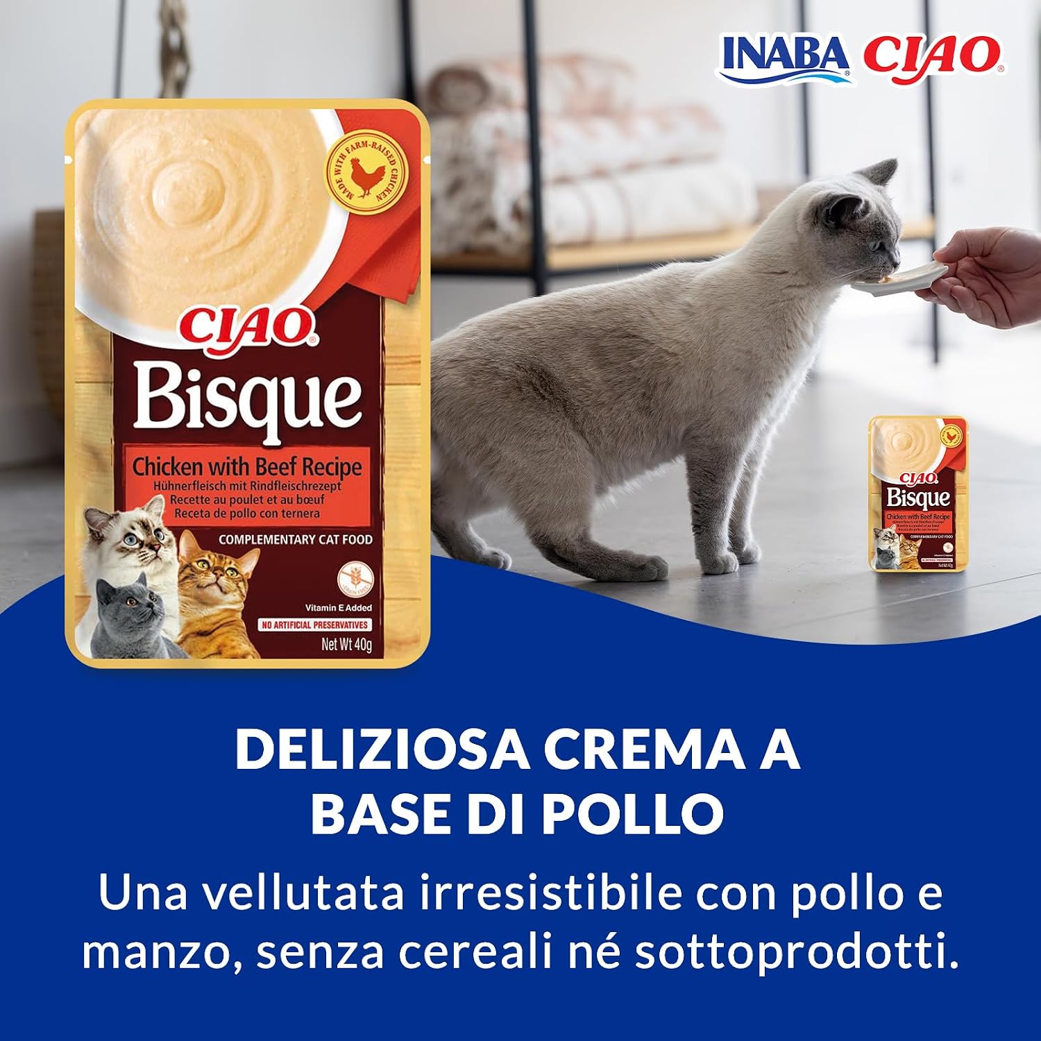 Detalle de INABA CIAO Bisque di Pollo con Manzo: cibo umido per gatti in porzioni monodose, gustoso e idratante
