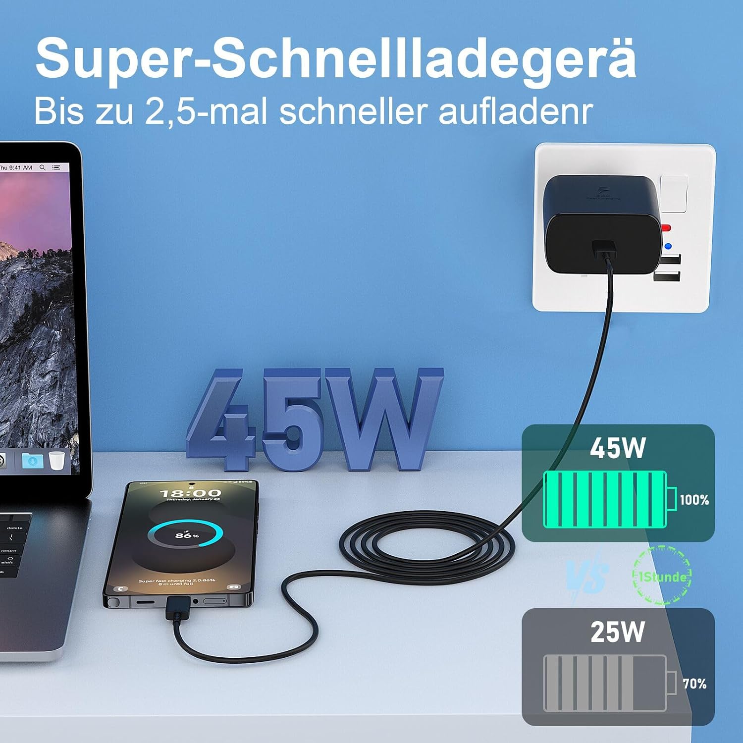 Thumbnail 2 de USB-C Ladegerät 45W Schnellladegerät mit 3 m Kabel – PPS-kompatibles Netzteil für Samsung, iPhone und mehr