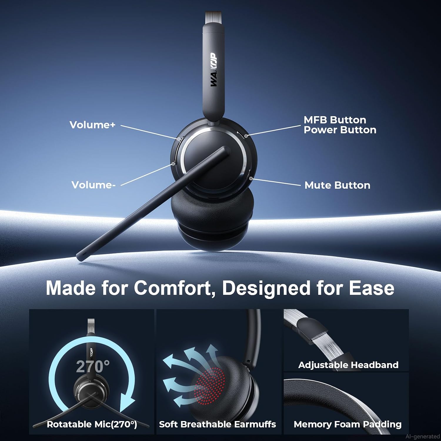 Detalle 2 de Wireless Headset with Mic for Work: Bluetooth 6.0, AI Noise Cancelling Mic, 65-Hour Battery