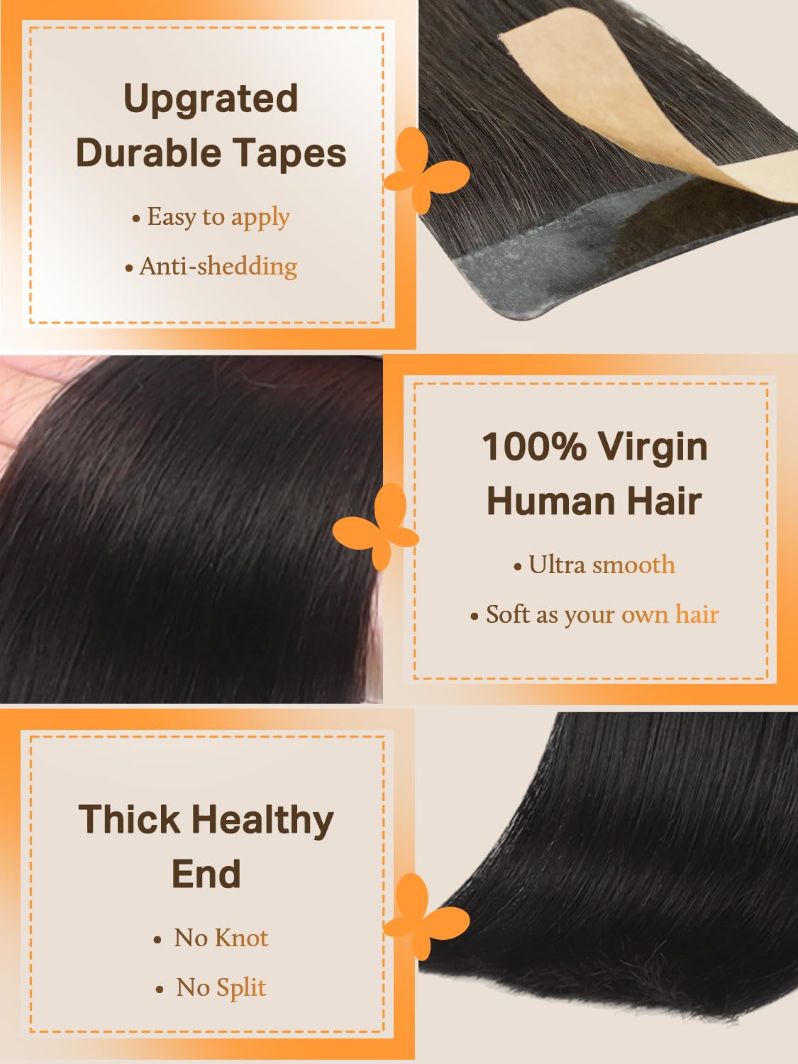 Detalle de DOORES Tape-In Human Hair Extensions (Remy), 22 Inch, Natural Black, 40 Pieces, 100g
