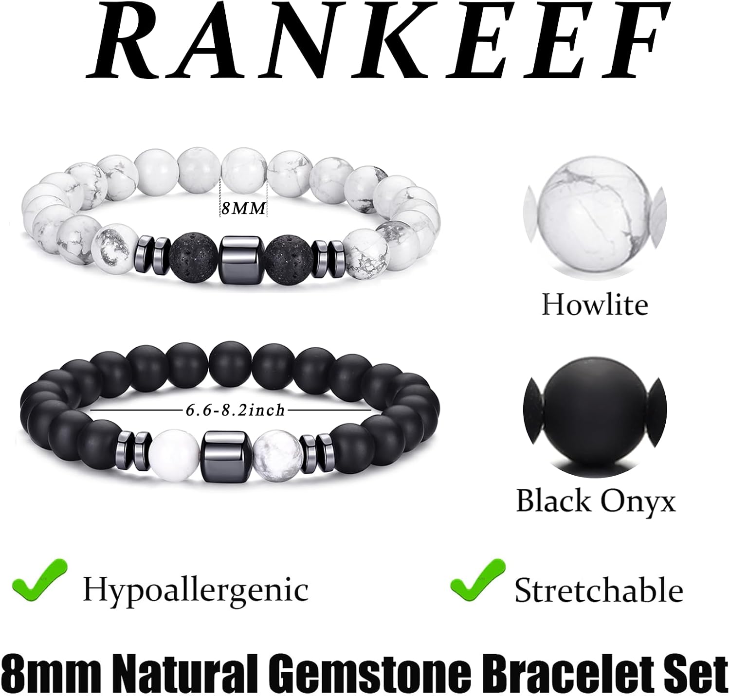 Detalle de RANKEEF Herren-Perlenarmband Set 8 mm Tigerauge & Lavastein – Unisex Stretch-Armband