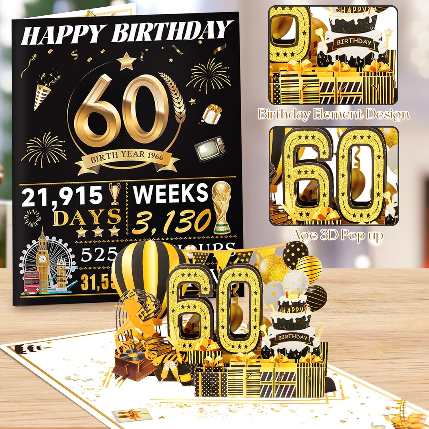 Detalle 2 de 60th Birthday Cards 3D Pop Up, 8 x 10in