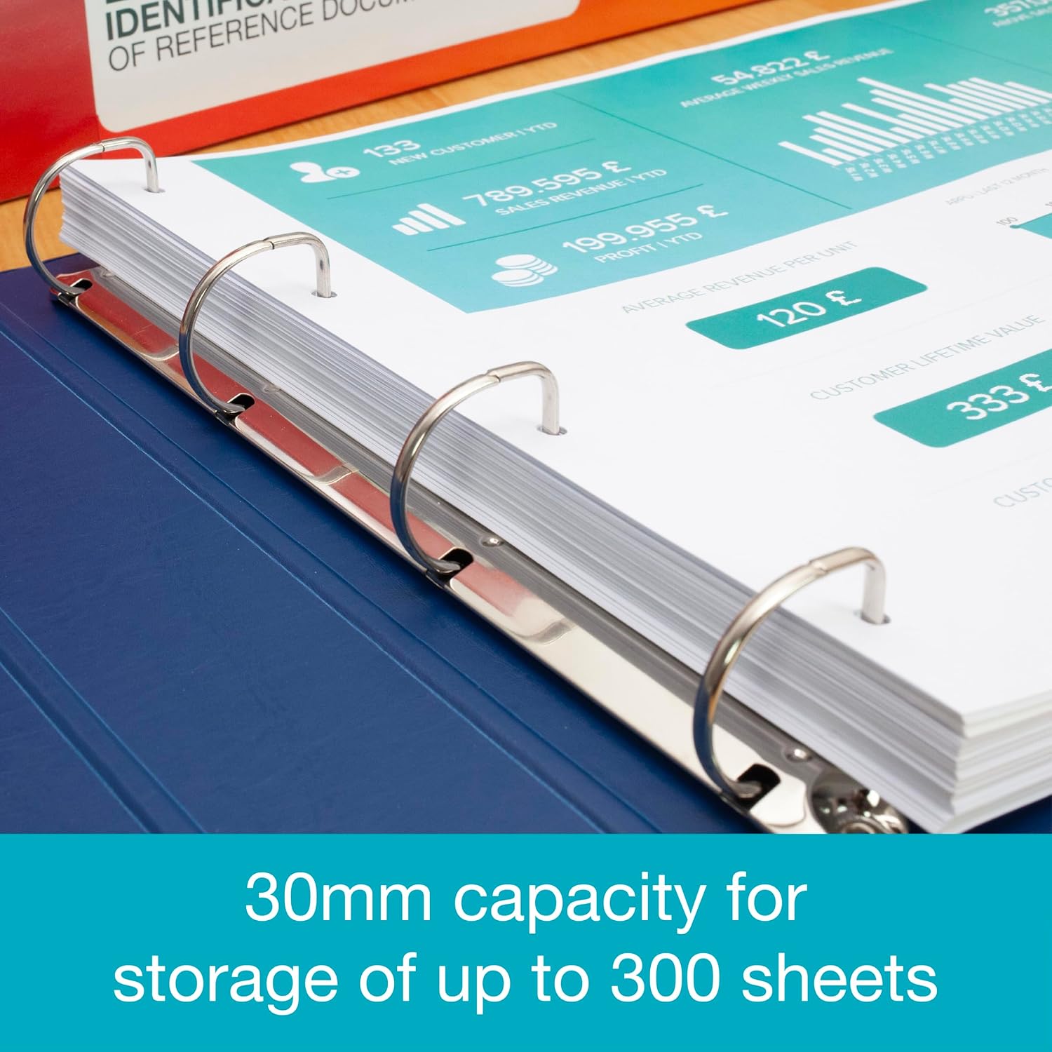 Thumbnail 1 de Elba A3 4 D-Ring Binder with PVC-Covered Board, 55 mm Spine, 30 mm Capacity (Blue)