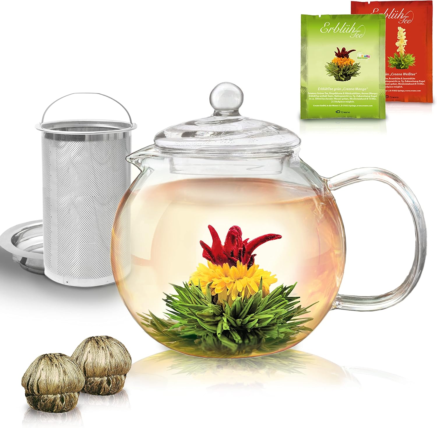 Detalle de Creano 052 glazen theepotset 1,3 l met uitneembaar RVS-filter en 2 theebloemen