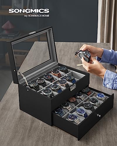 Detalle de SONGMICS Porta Orologi JWB020: Scatola a 2 Livelli con Coperchio in Vetro, Cuscinetti Rimovibili e Interno Grigio