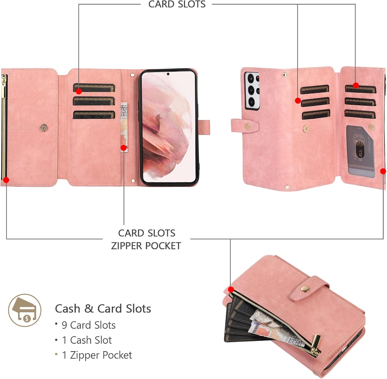 Detalle de UEEBAI Wallet-Hülle für Samsung Galaxy S23 Ultra – Vintage Retro Leder mit 9 Kartenfächern, Umhängegurt, Standfunktion und Reißverschluss in Rosa