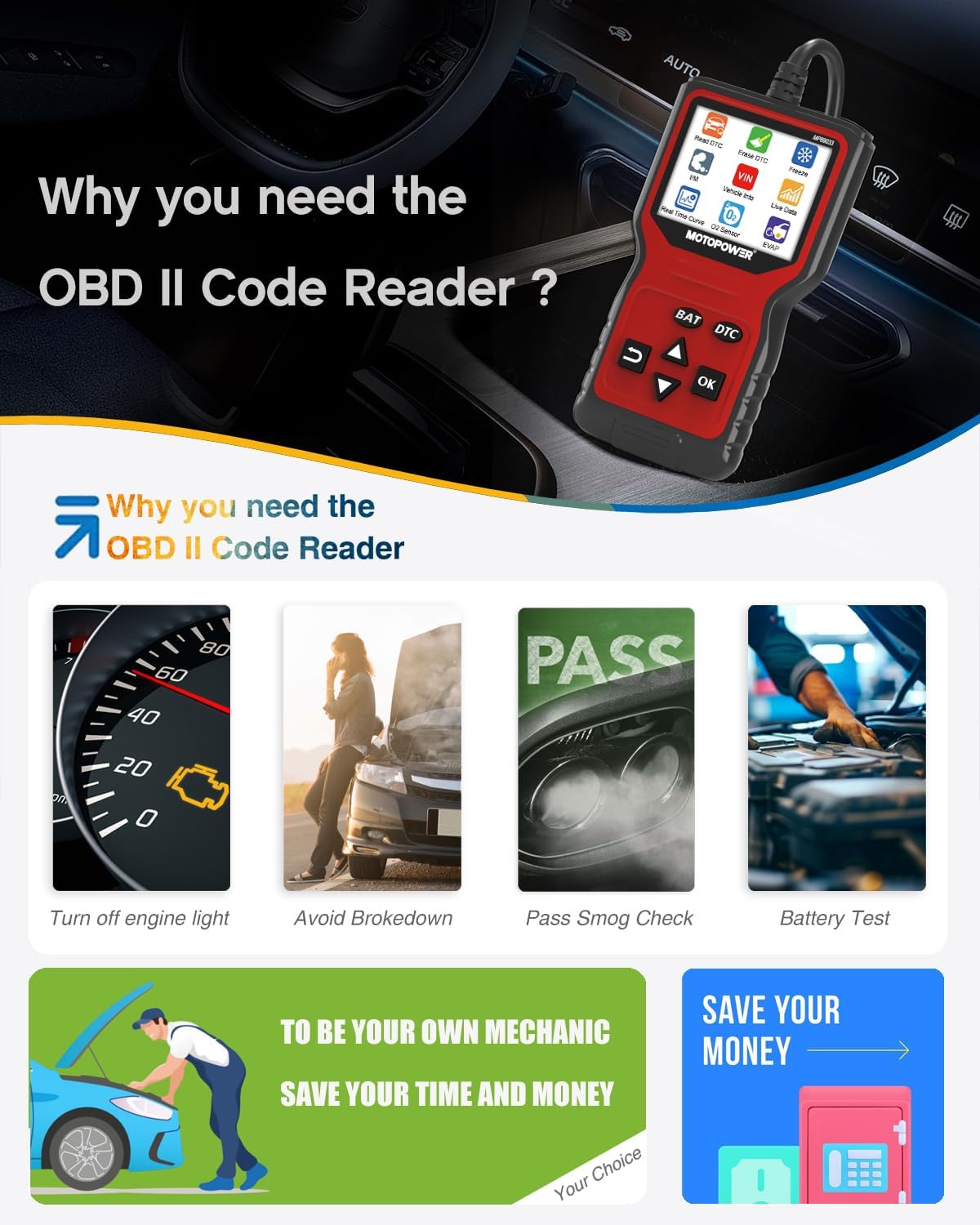 Thumbnail 1 de MOTOPOWER MP69033 Pro OBD2 Scanner with Battery Tester