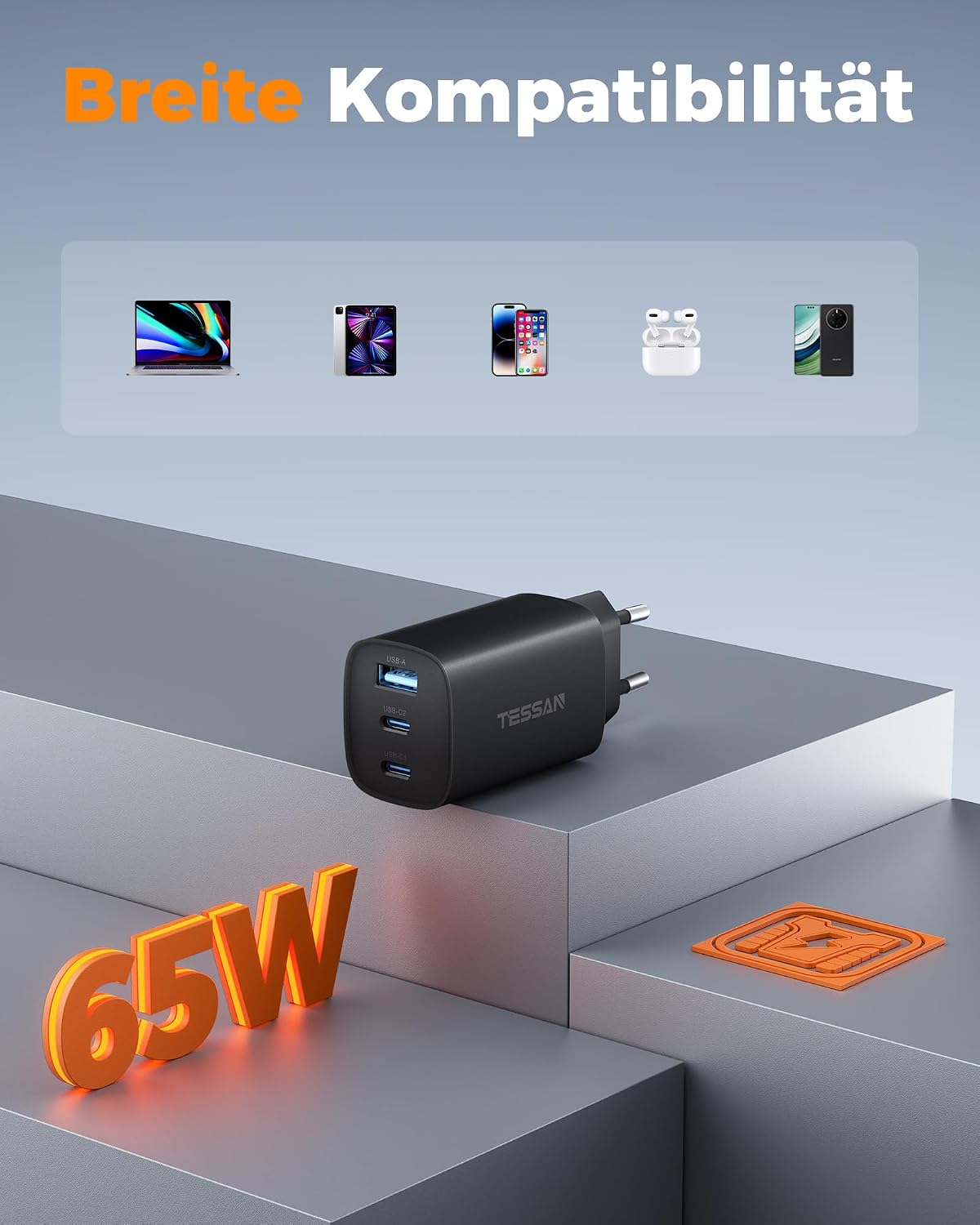 Thumbnail 4 de TESSAN PD 65W USB-C Ladegerät: 3-Port Netzteil für gleichzeitiges Schnellladen unterwegs