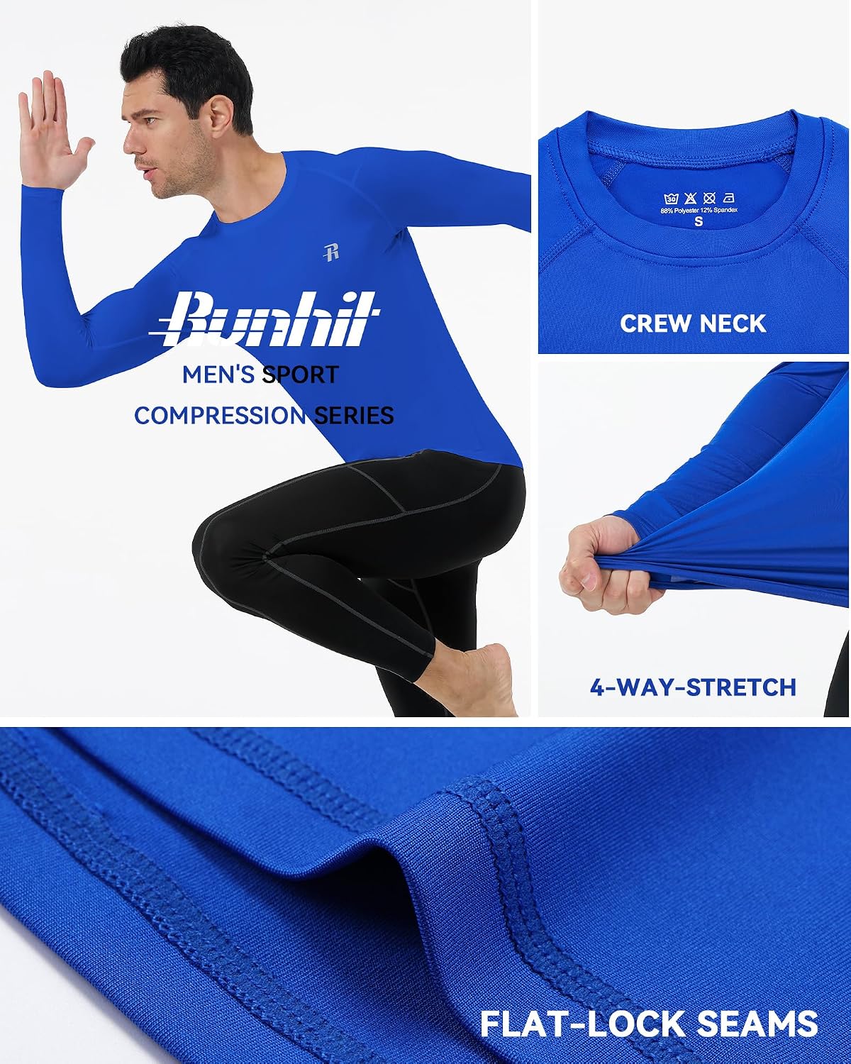 Detalle de Runhit Men’s Long-Sleeve Compression Shirt, UPF 50+ for Running and Water Sports