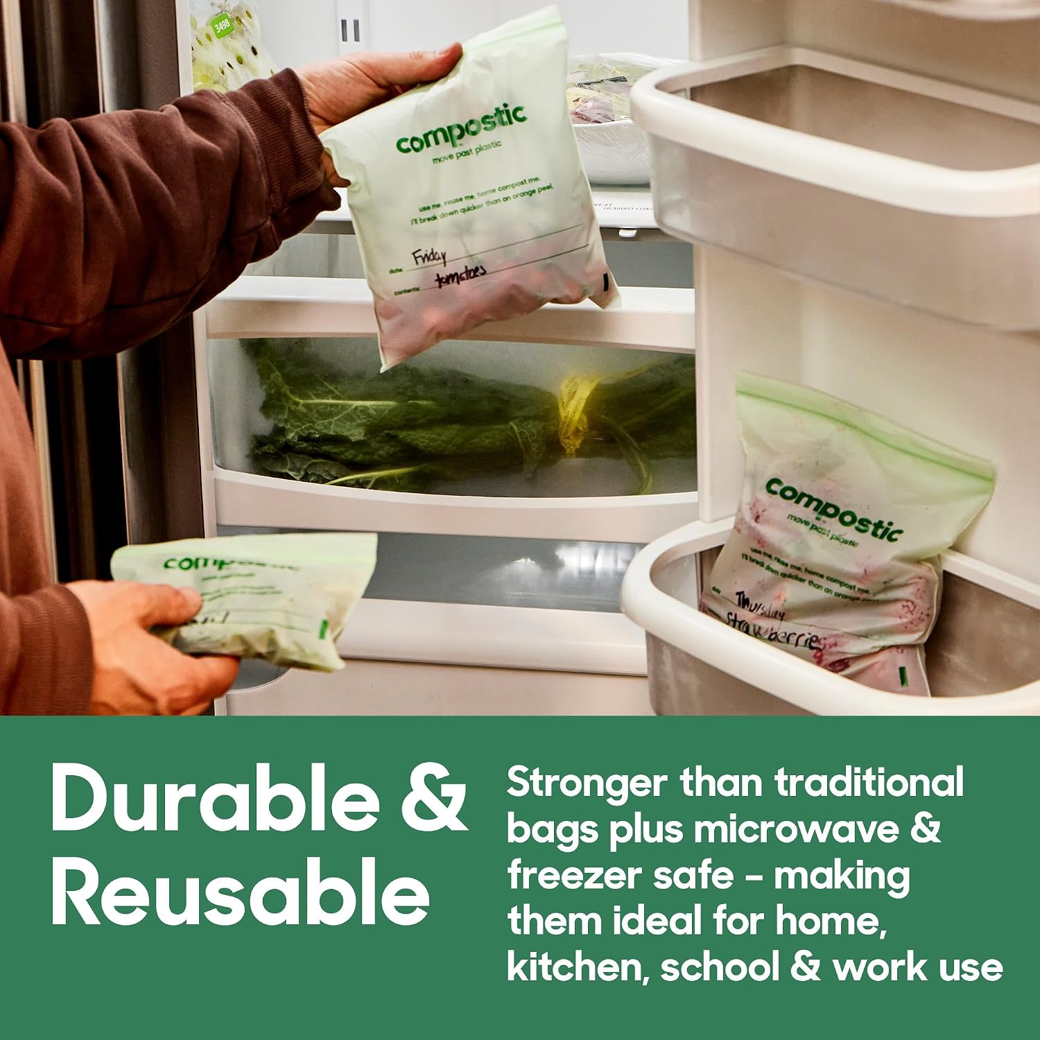 Thumbnail 2 de Compostic Compostable XL Sandwich Bags (180 + 20 Count Bulk Pack) with Reusable Zip-Seal