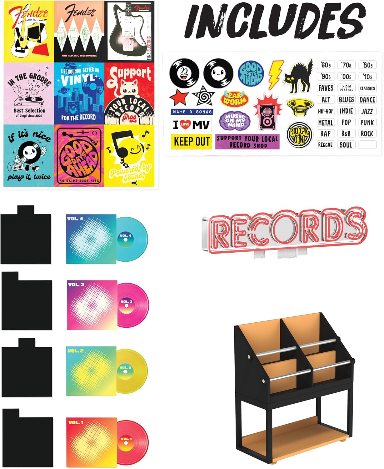 Detalle de MGA's Miniverse Real Music Record Shop Set with Fender Guitar and 30+ Pieces