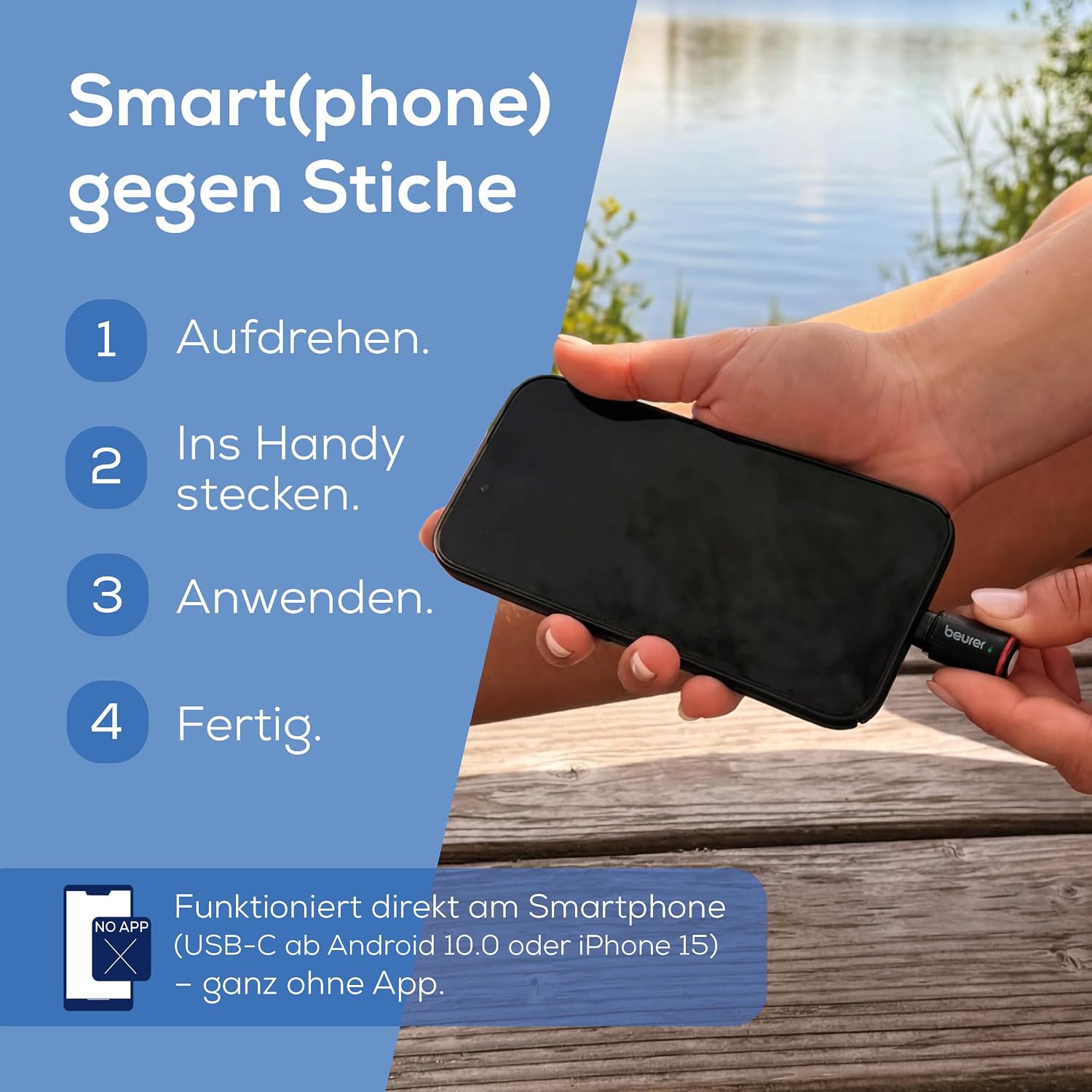 Detalle de Beurer BiteX Go Deep Black – Insektenstichheiler am Smartphone, USB‑C, Licht und zwei Programme