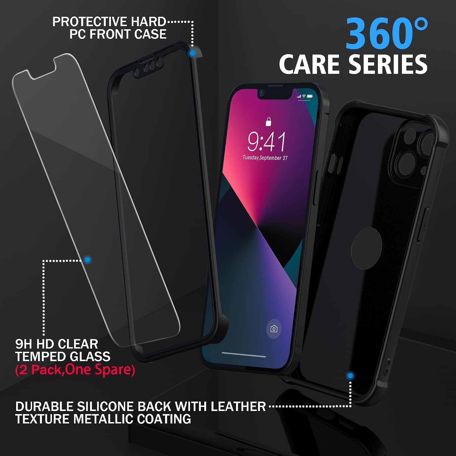Detalle 2 de ORETECH iPhone 13 Case (6.1-inch) with 2-Pack Tempered Glass, Camera Lens Guard & 360° Shockproof Slim Rubber Bumper – Black