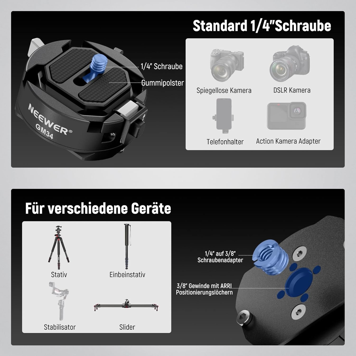 Thumbnail 6 de NEEWER GM34 Kamera Schnellwechselplatten-Set (QR) mit Arca-Swiss-Klemme, 1/4“ Gewinde und Sicherheitsverriegelung