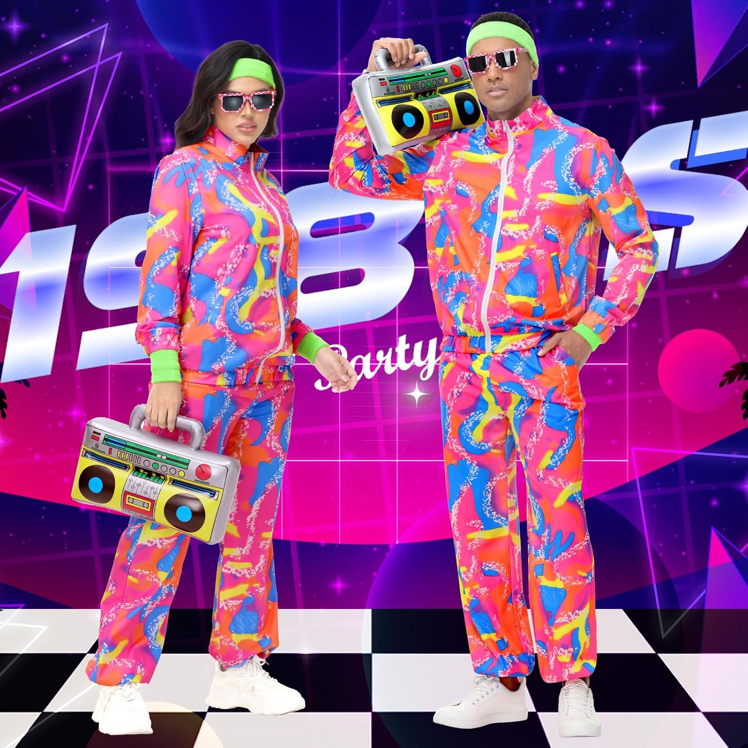 Detalle 2 de Tosjack 80s Retro Costume Neon Tracksuit Set with Retro Accessories