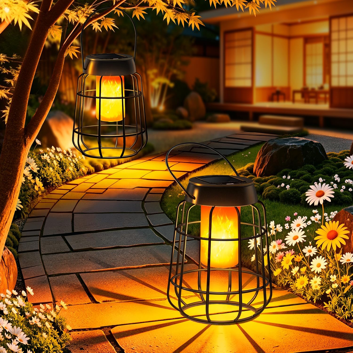 Detalle de 2 lanterne solari con effetto fiamma reale per esterni, IP65 - decorazione elegante per giardino, balcone e terrazza