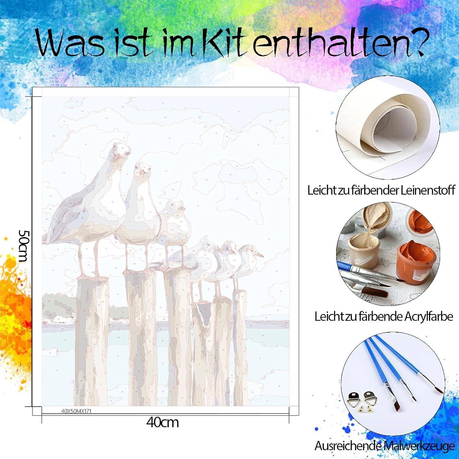 Detalle de LZLHDE Malen nach Zahlen für Erwachsene „Tiere“ – Paint by Numbers Set mit Möwe, 40 x 50 cm, Leinwand, Pinsel & Acrylfarben