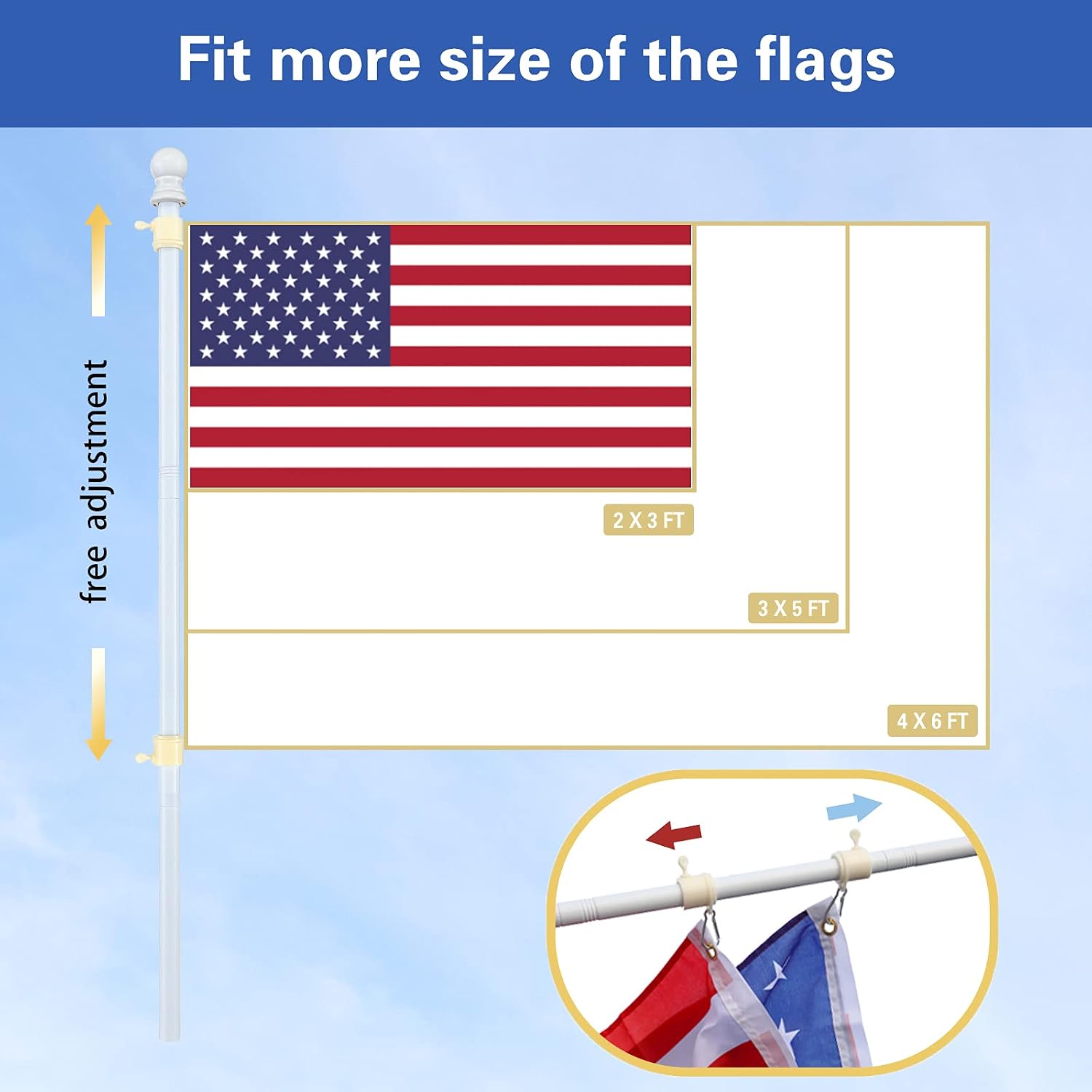 Detalle 2 de Barcetine 01 Flag Pole, White, Adjustable to 5 ft with 1-Inch Diameter