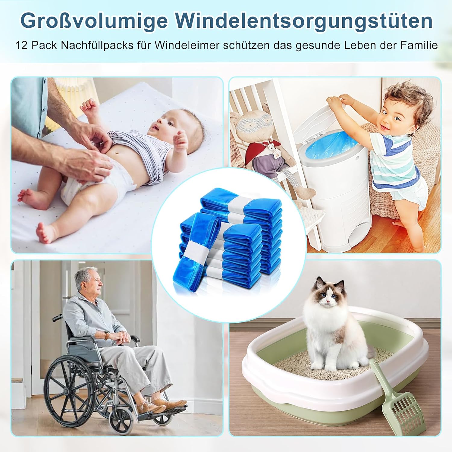 Detalle de PARPAT Nachfüllkassetten 12er-Pack: Geruchsdicht, 0,025 mm Dicke, 4,5 m Länge – kompatibel mit den meisten Windeleimern