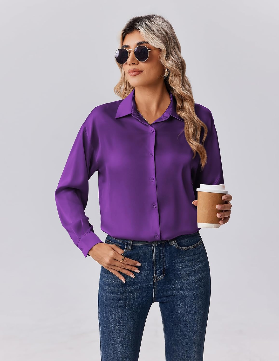 Detalle 1 de Zeagoo Long-Sleeve Satin Button-Down Blouse for Women