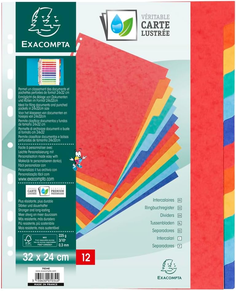Thumbnail 6 de Exacompta 2212E – Intercalaires en carte lustrée 225 g/m² FSC, 12 onglets colorés et renforcés (A4)